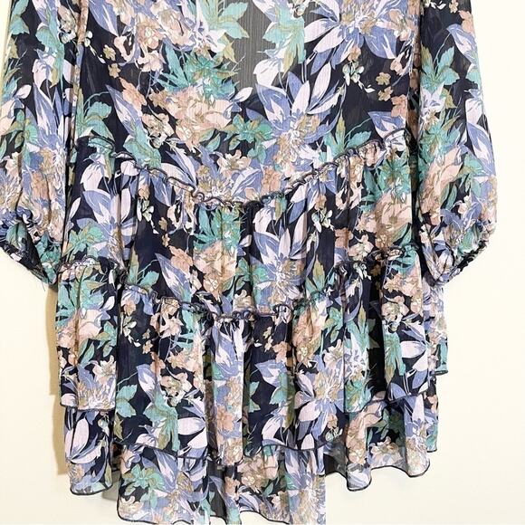 Express Women's Blue Floral V-Neck 3/4 Sleeve Tiered Cardigan Cover-Up Top Large - Picture 9 of 13